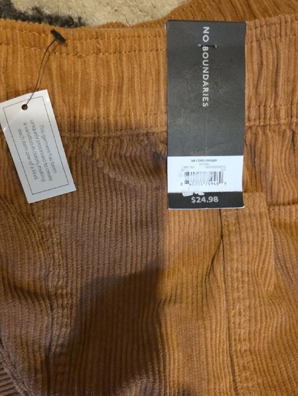 No Boundaries Men's Corduroy Drawstring Pants in Camel Brown